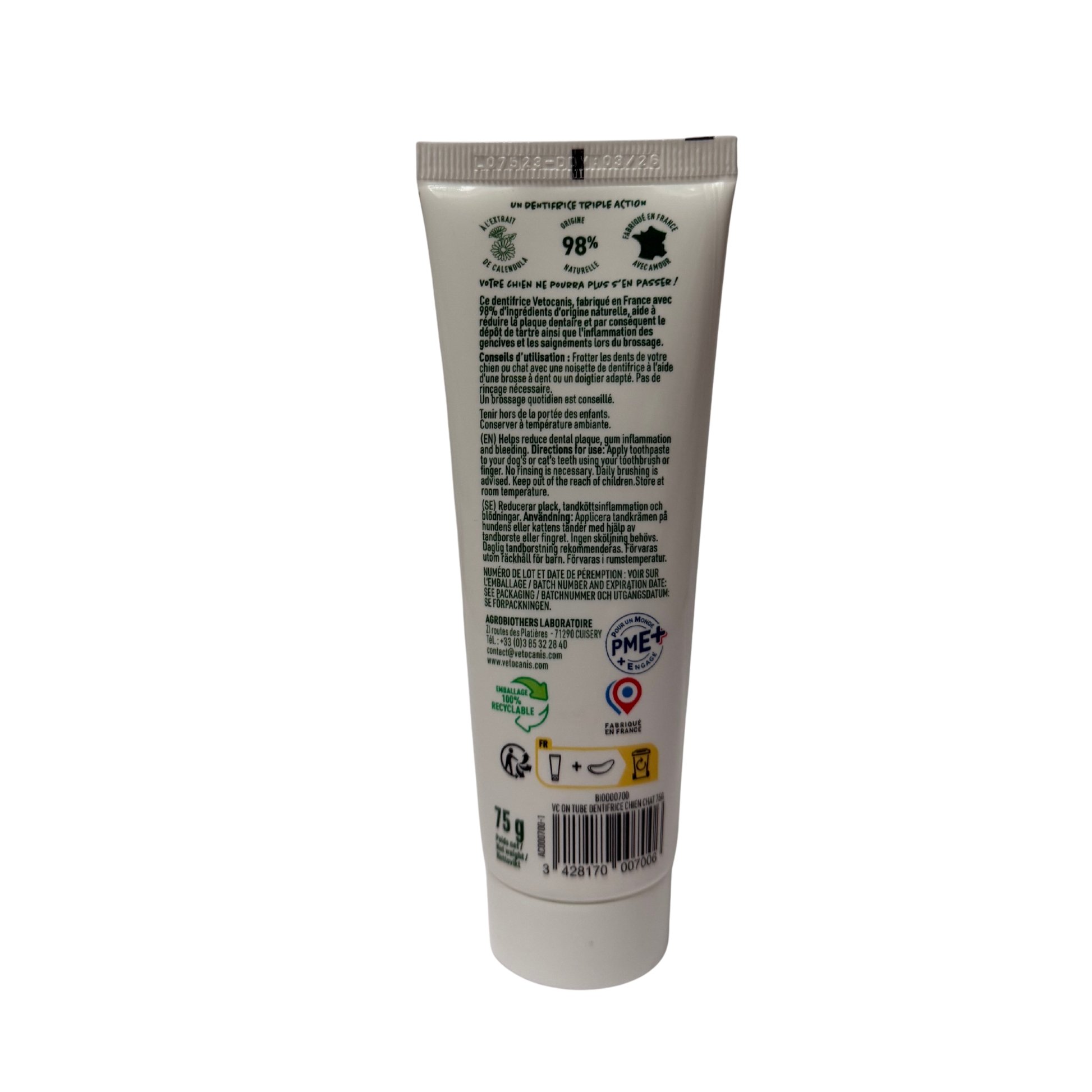 Tube dentifrice naturel pour chien et chat au calendula
